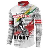 White button-up sweatshirt with red collar, MLK portrait and 'Always Right' slogan