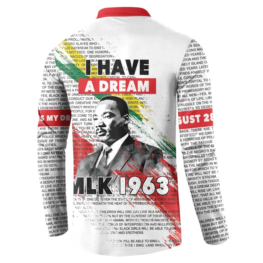 White button-up sweatshirt back print with 'I Have a Dream' text and MLK portrait