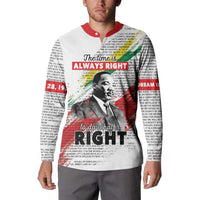 White button-up sweatshirt with red collar, MLK portrait and 'Always Right' front print