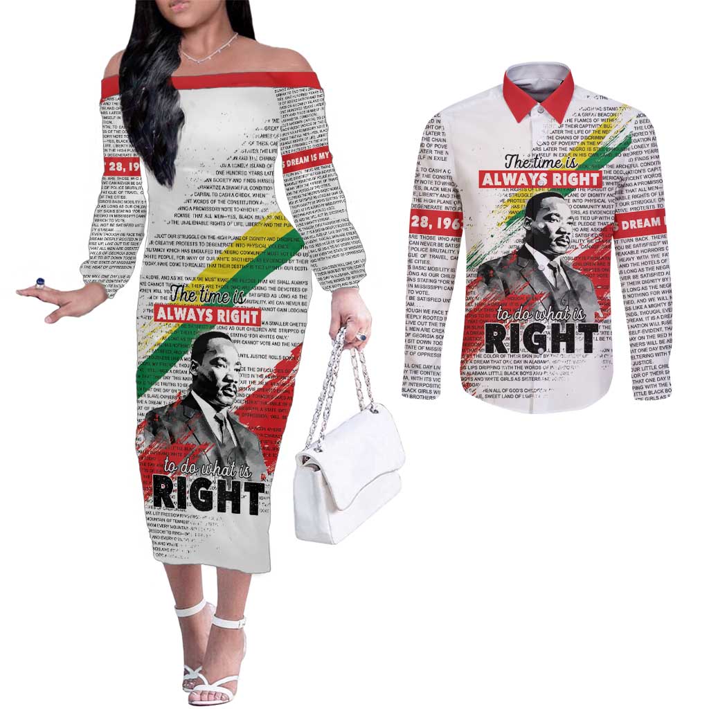 Martin Luther King Couples Matching Off The Shoulder Long Sleeve Dress and Long Sleeve Button Shirt Honoring The Legacy White Version