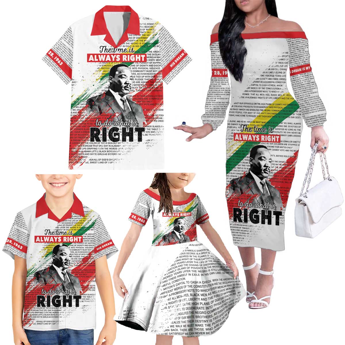 Martin Luther King Family Matching Off The Shoulder Long Sleeve Dress and Hawaiian Shirt Honoring The Legacy White Version LT05 - Wonder Print Shop