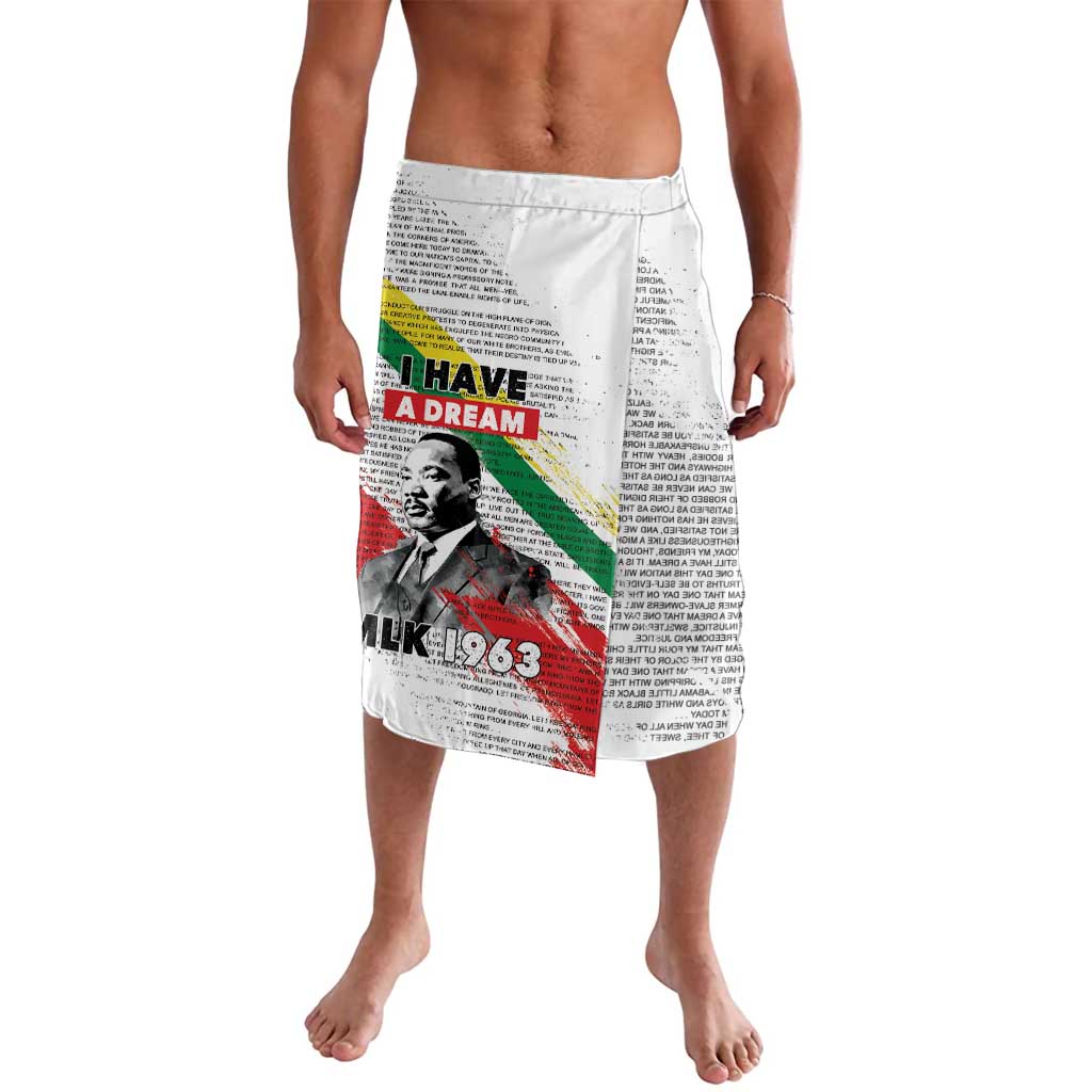White printed lavalava wrap skirt with "I Have a Dream" graphic and MLK portrait