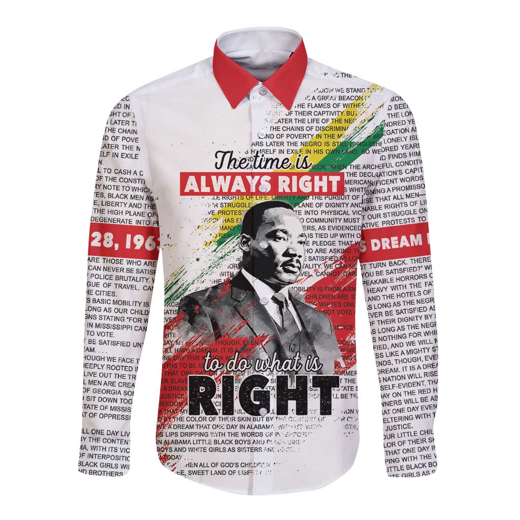 White long sleeve button shirt with red collar and MLK graphic text 'Do what is right'.