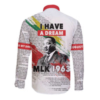 White long sleeve button shirt with red collar, 'I have a dream' and MLK 1963 print.