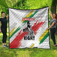 White large quilt with Martin Luther King portrait, “The time is always right” text and stripes