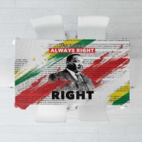 White tablecloth with Martin Luther King Jr portrait and multicolor text print