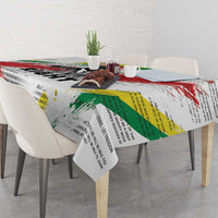 White tablecloth featuring Martin Luther King Jr portrait and multicolor quote text
