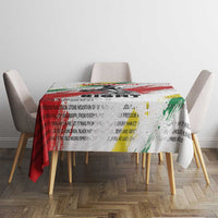 White tablecloth with Martin Luther King Jr portrait and multicolor speech-text artwork