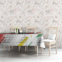 White tablecloth with Martin Luther King Jr portrait and multicolor quote text print
