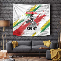 White MLK legacy tapestry with black-and-white portrait and colorful brush strokes, hanging.