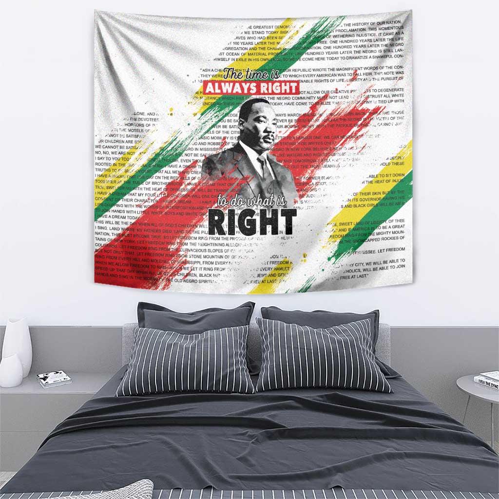 White Martin Luther King tapestry featuring a portrait, “Always Right” text, and colorful strokes.