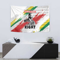 White MLK tapestry with portrait and “Right” lettering, multicolor brush-stroke graphic design.