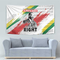 White MLK legacy tapestry with portrait and “Right” text over black text background, brush strokes.