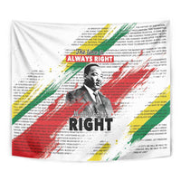 White Martin Luther King tapestry close-up with portrait and “Right” text, multicolor brush strokes.