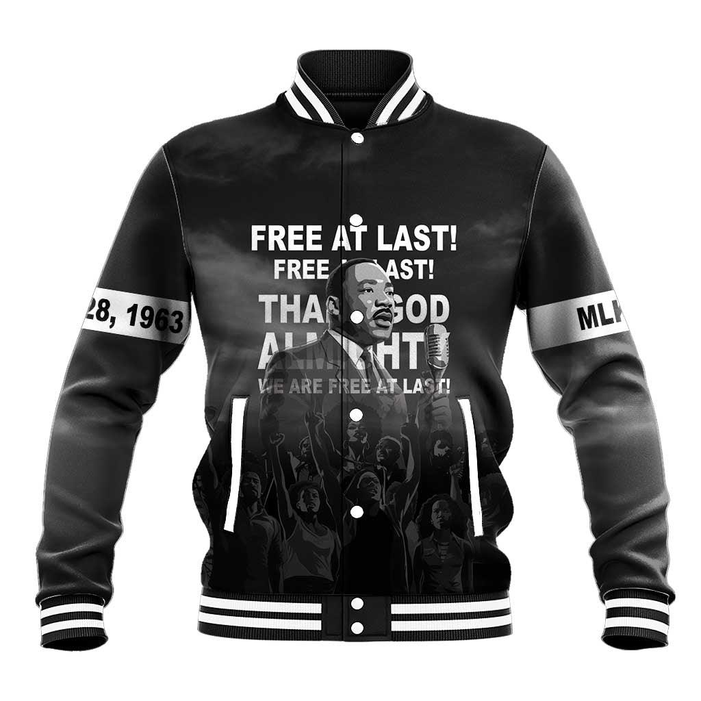 Black baseball jacket with striped collar, snap buttons, and 'Free at last' MLK graphic