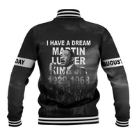 Black baseball jacket back with striped collar and I have a dream MLK graphic