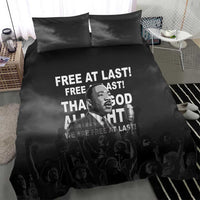 Black duvet and two pillowcases featuring “Free at last” MLK quote