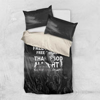 Black duvet with diagonal white panel and “Free at last” MLK quote, plus two pillowcases