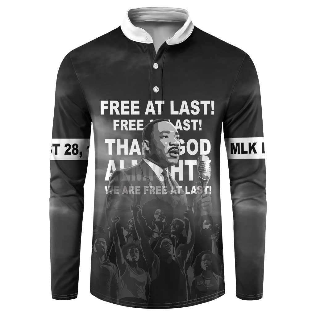 Black button-up sweatshirt with front graphic print featuring MLK portrait and slogan