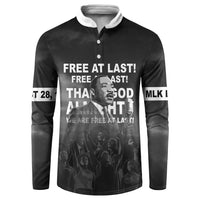 Black button-up sweatshirt with front graphic print featuring MLK portrait and slogan