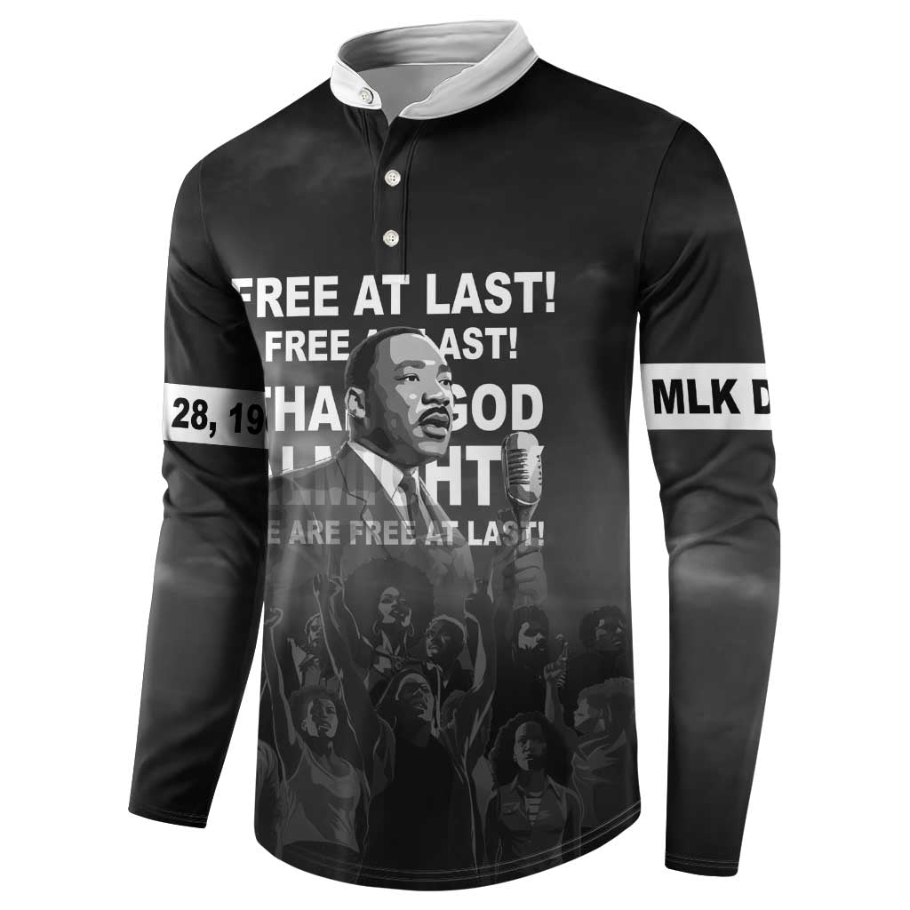 Black button-up sweatshirt front and sleeve graphic text; MLK portrait center print