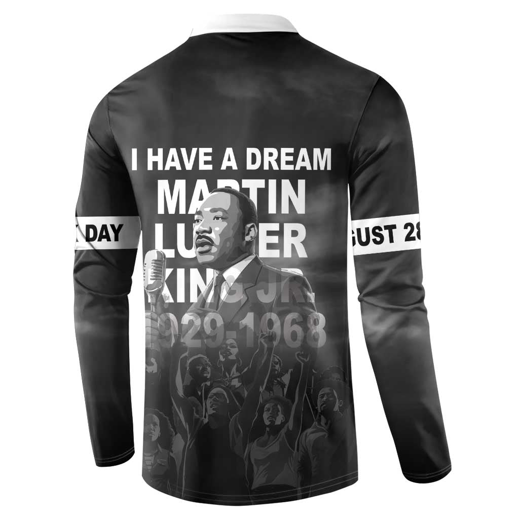 Black button-up sweatshirt back with 'I Have a Dream' text and MLK portrait graphic