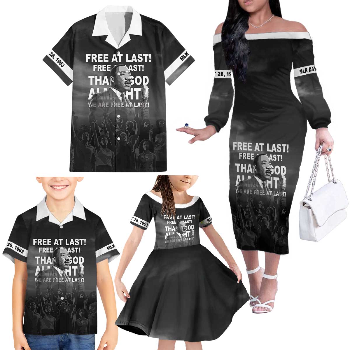 Martin Luther King MLK Family Matching Off The Shoulder Long Sleeve Dress and Hawaiian Shirt I Have A Dream LT05 - Wonder Print Shop