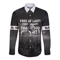 Black long-sleeve button shirt with front FREE AT LAST text and MLK portrait graphic
