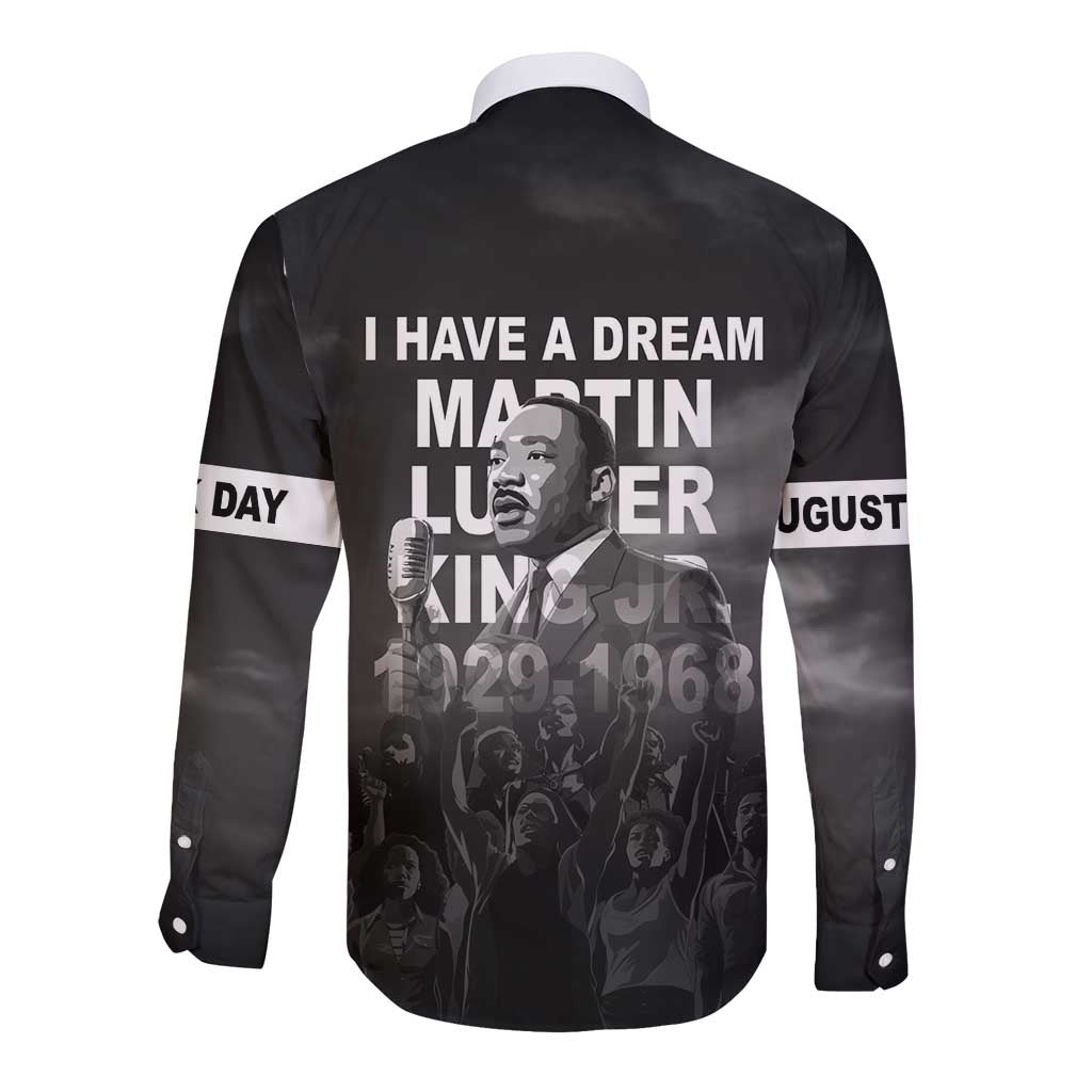 Black long-sleeve button shirt with back I HAVE A DREAM text and MLK portrait
