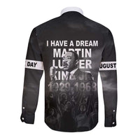 Black long-sleeve button shirt with back I HAVE A DREAM text and MLK portrait
