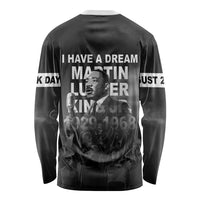 Black unisex long-sleeve shirt with back text 'I Have a Dream' and MLK portrait