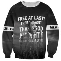 Black unisex sweatshirt with Free at Last graphic and Martin Luther King Jr portrait