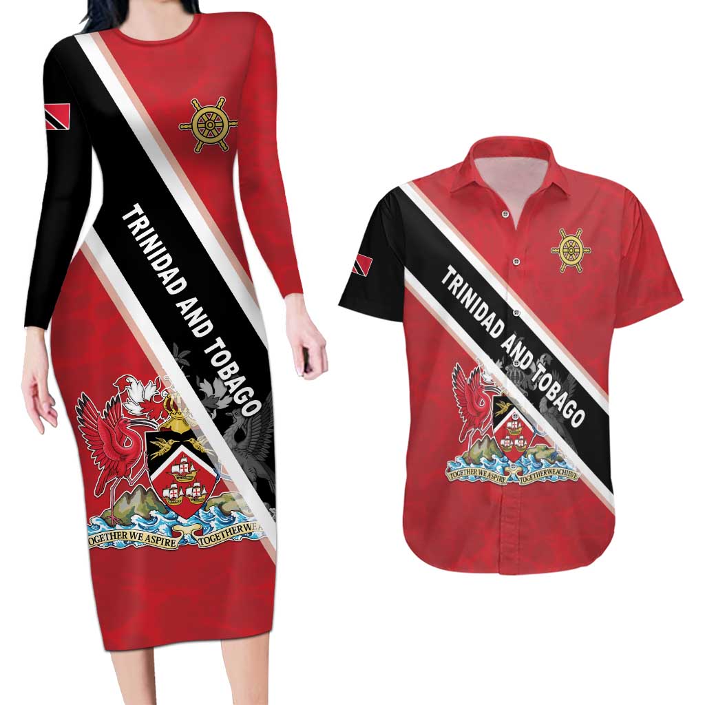 Personalized Trinidad and Tobago Couples Matching Long Sleeve Bodycon Dress and Hawaiian Shirt Coat Of Arms Flag Style