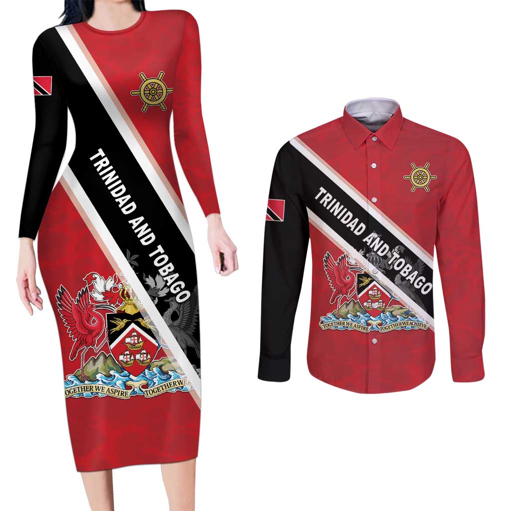 Personalized Trinidad and Tobago Couples Matching Long Sleeve Bodycon Dress and Long Sleeve Button Shirt Coat Of Arms Flag Style