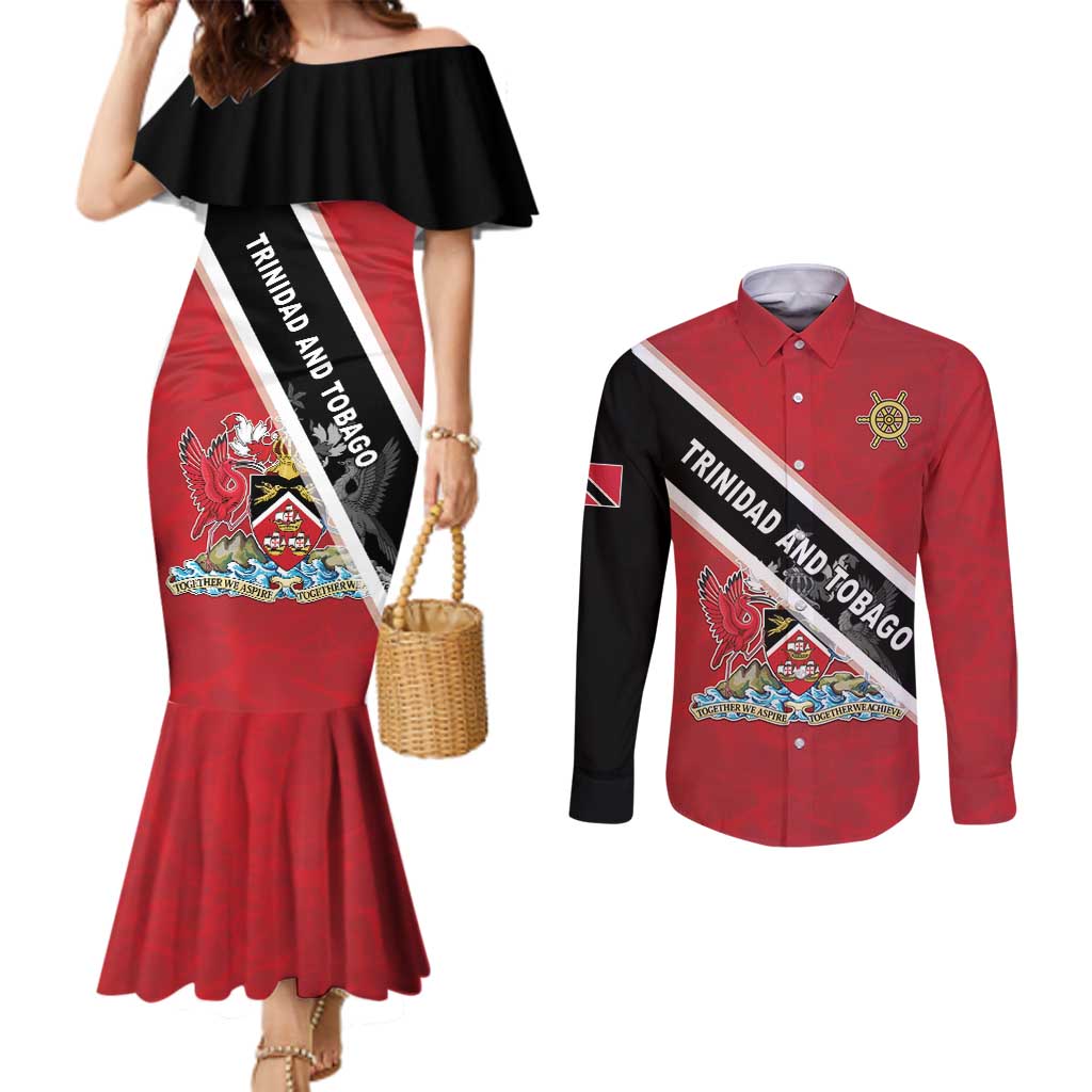 Personalized Trinidad and Tobago Couples Matching Mermaid Dress and Long Sleeve Button Shirt Coat Of Arms Flag Style