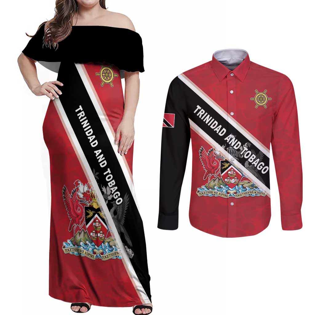 Personalized Trinidad and Tobago Couples Matching Off Shoulder Maxi Dress and Long Sleeve Button Shirt Coat Of Arms Flag Style