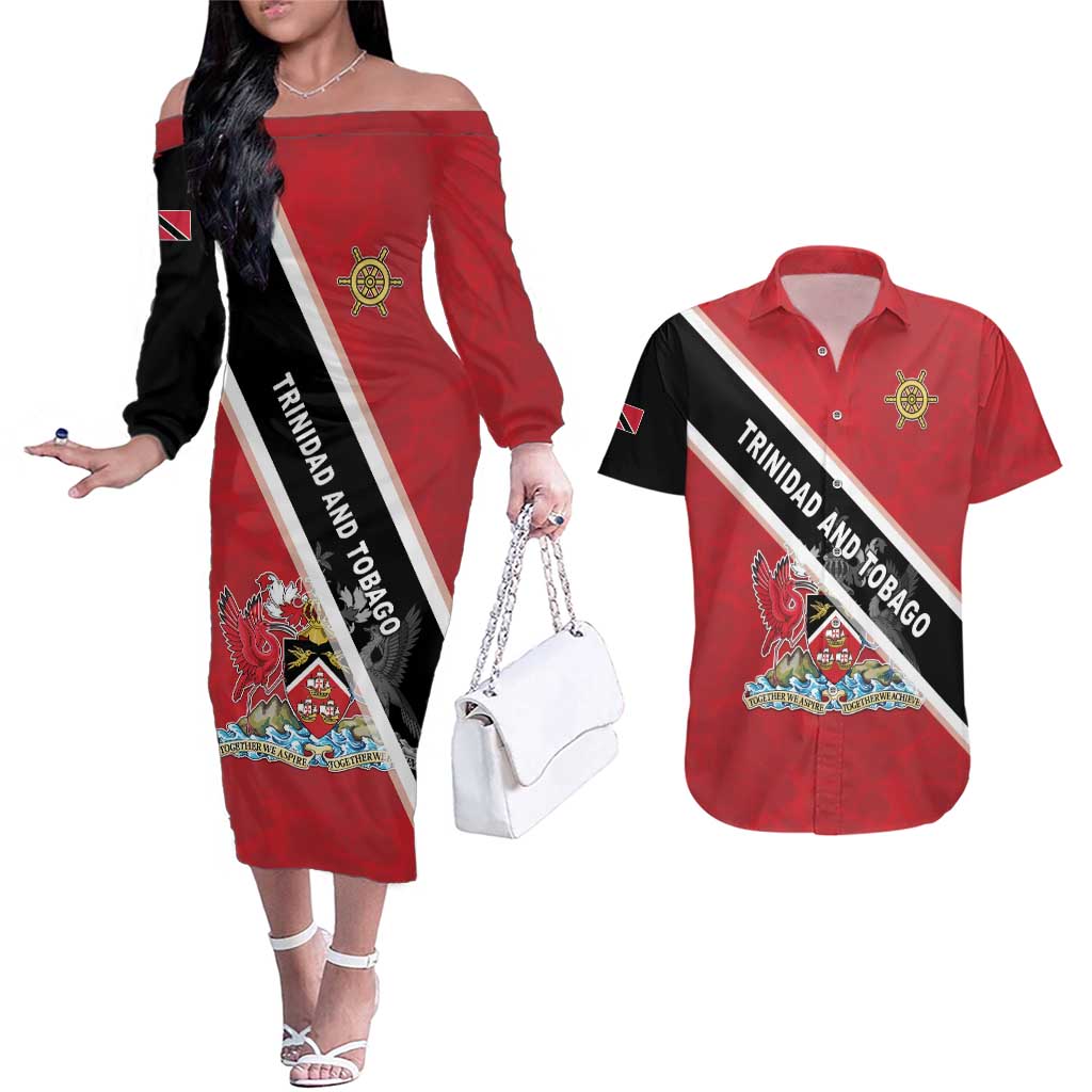 Personalized Trinidad and Tobago Couples Matching Off The Shoulder Long Sleeve Dress and Hawaiian Shirt Coat Of Arms Flag Style