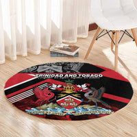 Round red and black round rug with central crest and decorative animal artwork