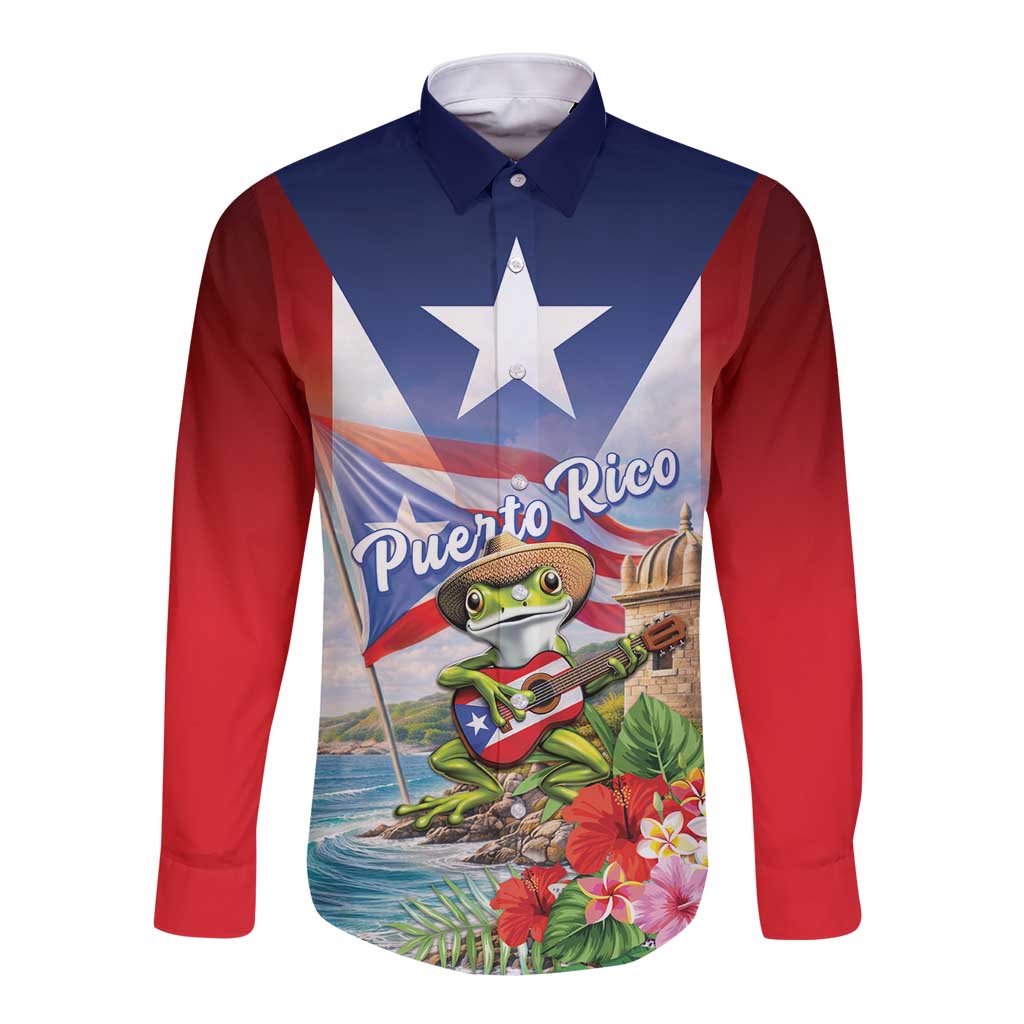 Puerto Rico Coqui Frog Long Sleeve Button Shirt Happy Emancipation Day