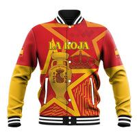 Red and yellow Spain baseball jacket with black ribbed collar and striped cuffs