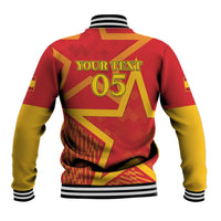 Back view red and yellow Spain baseball jacket with YOUR TEXT 05 and ribbed hem