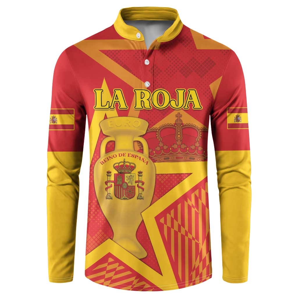 Red and yellow Spain football button sweatshirt with yellow collar and LA ROJA crest graphic