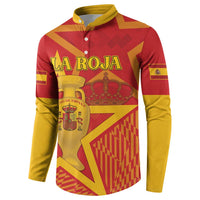 Red and yellow Spain football button sweatshirt with yellow collar and large LA ROJA front graphic