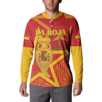 Red and yellow Spain football button sweatshirt with yellow collar and LA ROJA front crest graphic