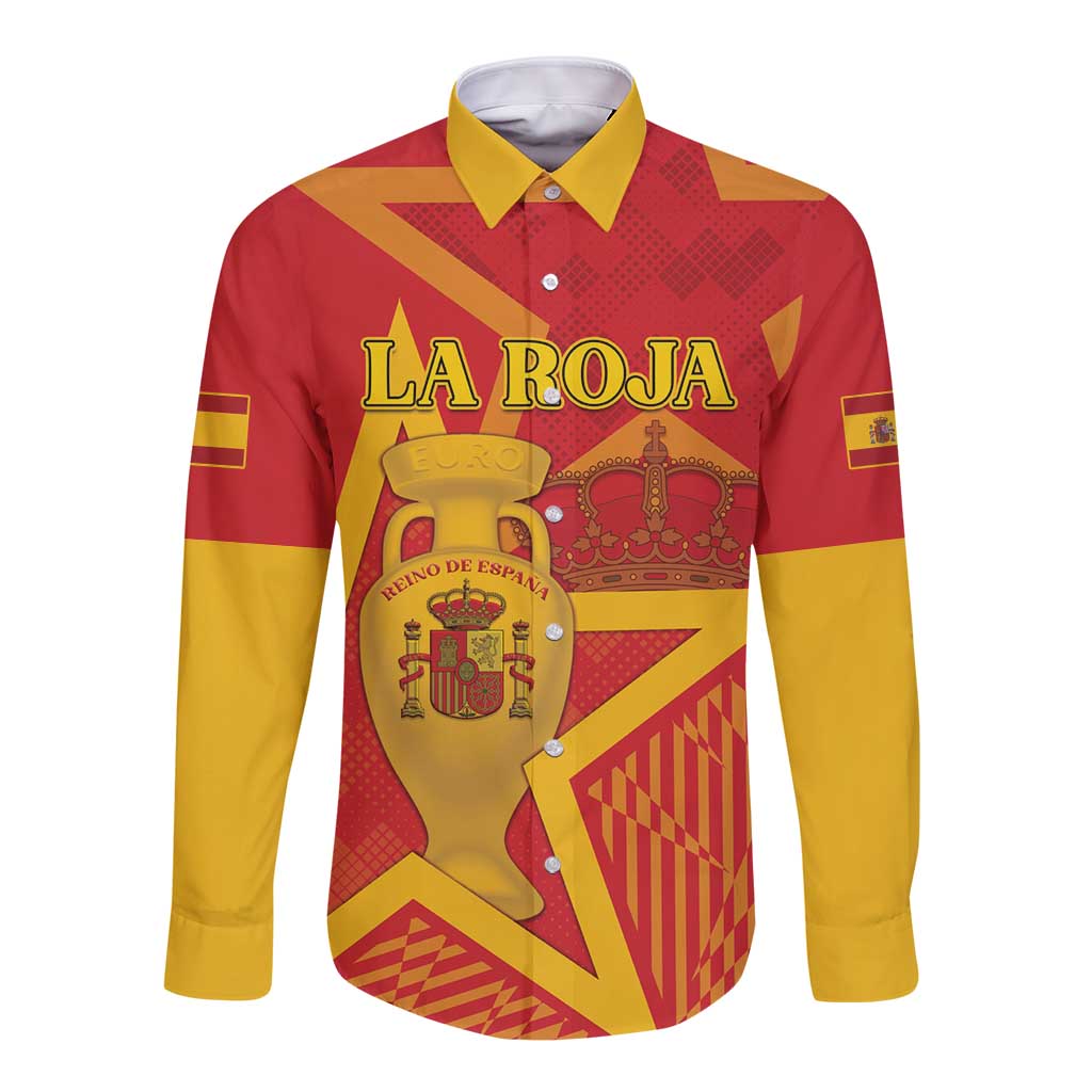 Red long-sleeve button football shirt with yellow collar, ‘LA ROJA’ crest, Spain flags