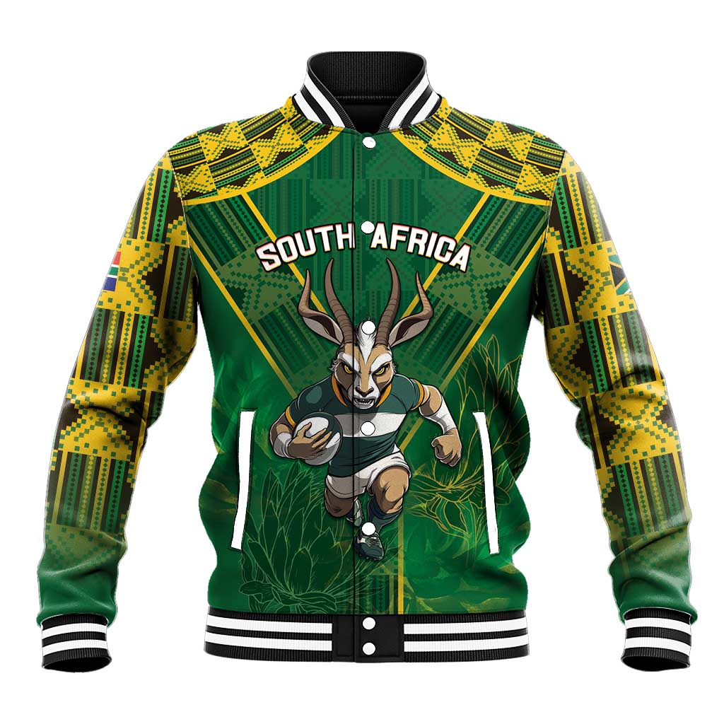 Green baseball jacket with yellow geometric pattern, striped collar cuffs, antelope front graphic