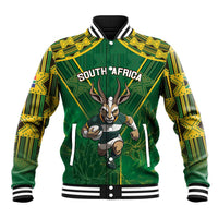 Green baseball jacket with yellow geometric pattern, striped collar cuffs, antelope front graphic