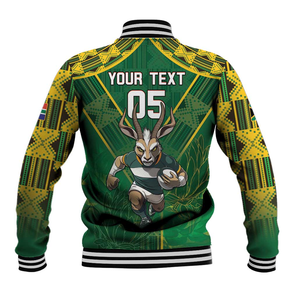 Green baseball jacket with yellow pattern, striped rib hem, antelope back graphic, 05
