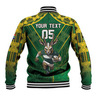 Green baseball jacket with yellow pattern, striped rib hem, antelope back graphic, 05
