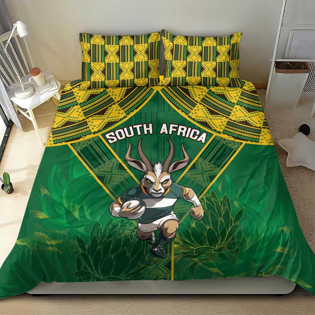 Green bedding set featuring South Africa text, yellow geometric border, and antelope character.